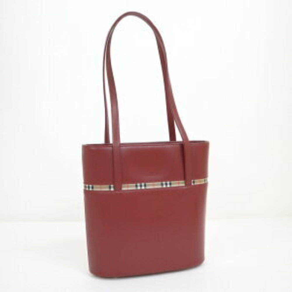 Burberry Shoulder Bag Tote Nova Check Leather Canvas Wine Red Red